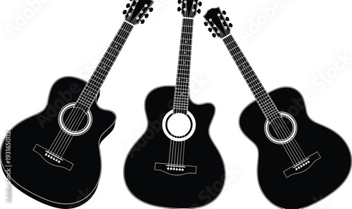 Acoustic Guitar Silhouette Set Vector Illustration, Black and White Collection of Classic String Instruments Isolated Design