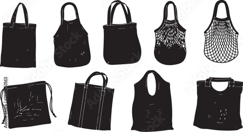 Collection of various black tote bags and shopping bags