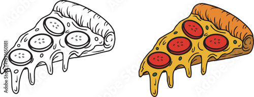 Illustration of pizza. Delicious vector pizza icon in color and black and white with bold line