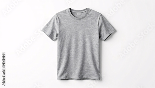 A classic, blank light grey short-sleeved t-shirt with a textured fabric finish is laid flat against a pristine white background, offering a versatile and clean template for apparel branding and desig
