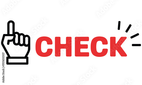 Hand icon pointing finger with bold red check text indicating verification or confirmation
