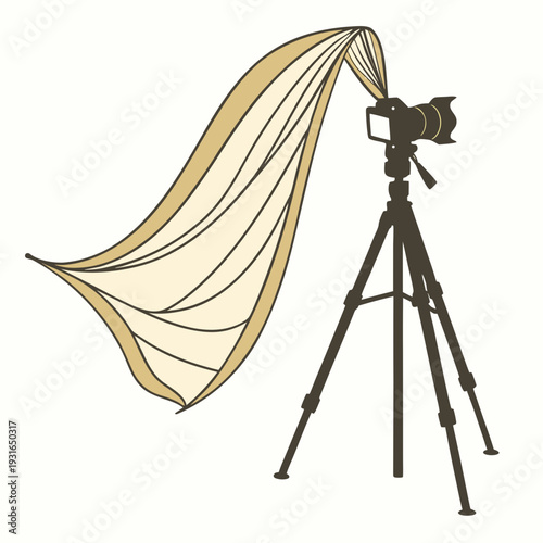 Professional camera on tripod with flowing fabric capturing dynamic motion.