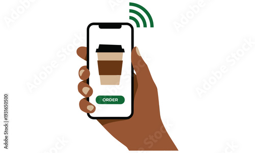 Hand holding smartphone with coffee order screen, showcasing online ordering process, mobile payment technology, and convenient coffee purchase.