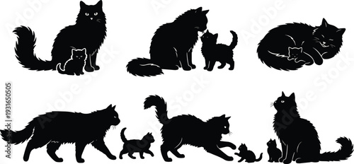 Mother's Day 2026 Fluffy Cat and Kitten Silhouette Set: 6 Pack of Long Hair Felines Isolated on White