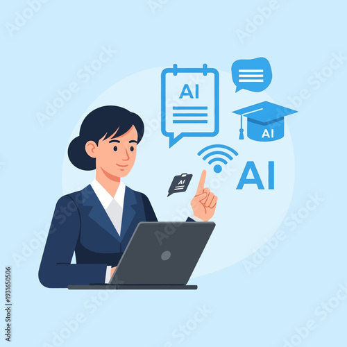 Professional woman using laptop with AI icons for education and communication.