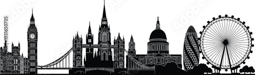London City Skyline Silhouette Vector Illustration Featuring Tower Bridge, Big Ben and London Eye in Detailed Black