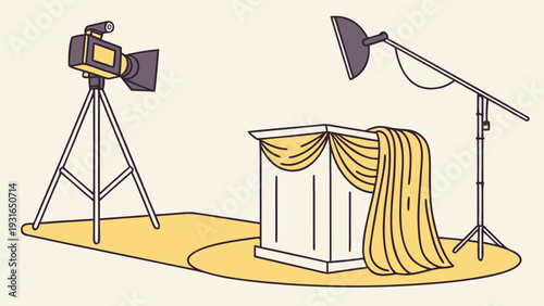 Professional studio setup with camera lighting and draped pedestal.