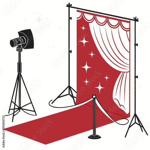 Red carpet event setup with spotlight and backdrop.