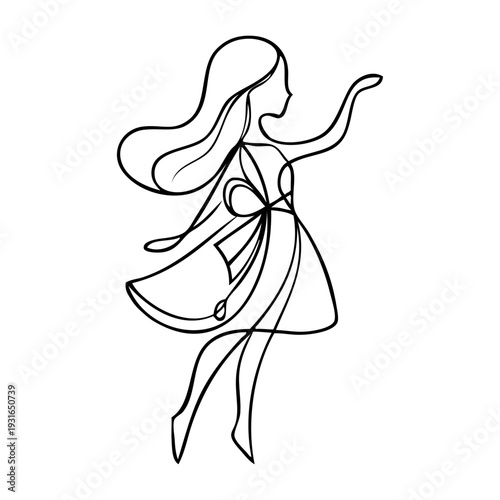 Logotipo de boutique de moda femenina. Dibujo sencillo con una línea continua de una niña de pie con un vestido y el brazo levantado 