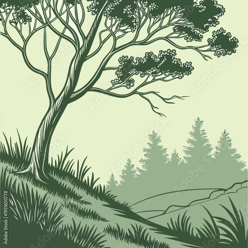 Serene Landscape with Tree and Rolling Hills 1.