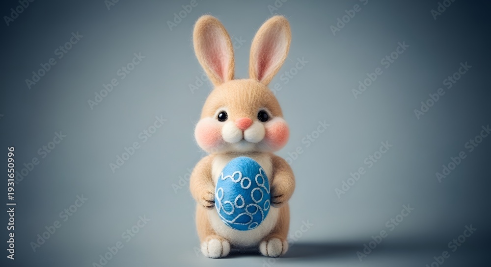Fototapeta premium Cute needle-felted Easter bunny with rosy cheeks holding a blue patterned egg. Whimsical 3D character design for spring holidays and festive Easter Sunday deco