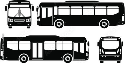 Black and White City Bus Silhouette Vector Set Showing Front Side and Rear Views of Public Transport Vehicle for Urban Commute and Transit Design