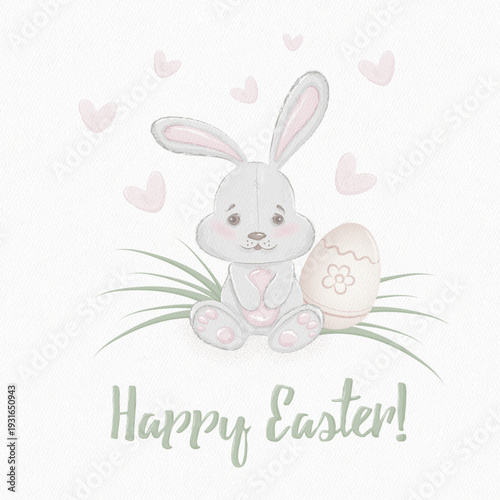 Cute Watercolor Easter Bunny Greeting Card with Eggs and Spring Grass. Vector Illustration.