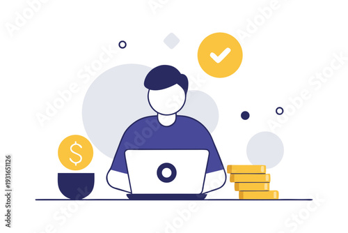 Faceless professional works on a laptop surrounded by digital currency symbols and success indicators for online income generation.