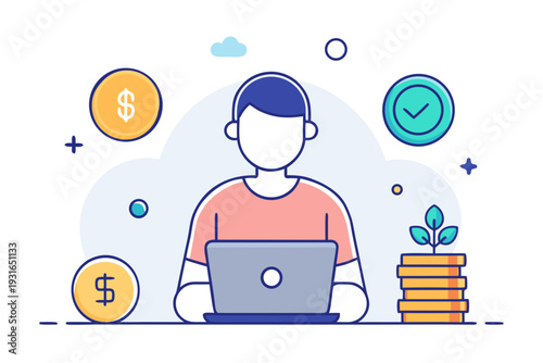 Man sitting at a desk with a laptop is positioned between floating currency symbols and a growing stack of gold coins symbolizing revenue accumulation and financial prosperity.