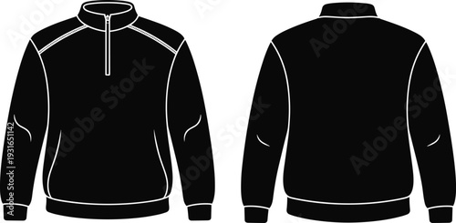 Black quarter zip sweatshirt vector mockup technical sketch front and back view blank long sleeve fleece pullover jacket template for fashion design apparel