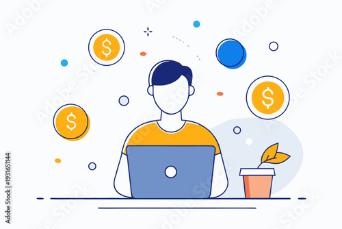 Faceless person manages digital finances using a laptop with dollar signs and a small growing plant suggesting investment growth and startup success.
