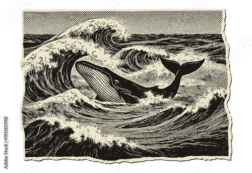 humpback whale breaching in stormy ocean waves vintage newspaper style illustration