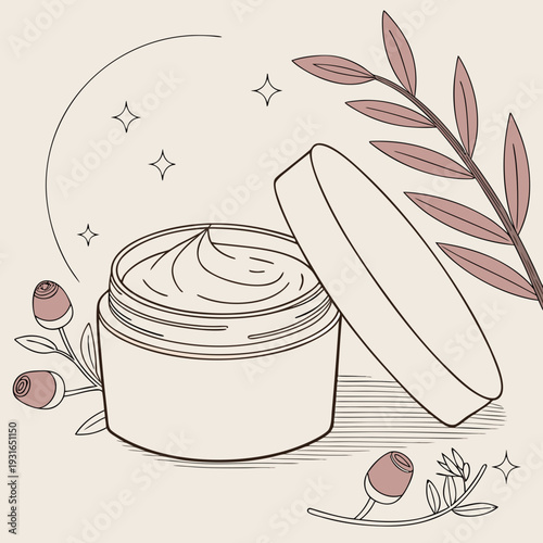 Skincare Cream Jar with Botanical Elements and Sparkles.