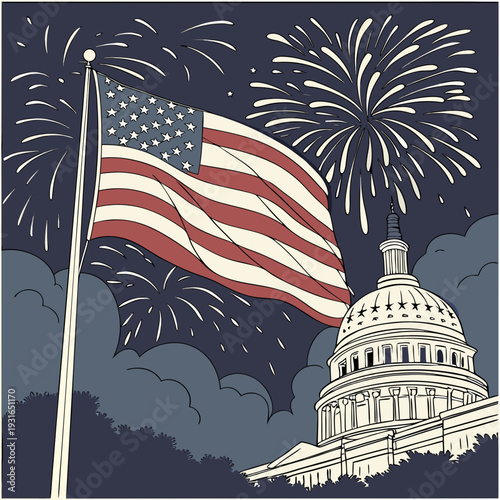 American Flag and Capitol Building with Fireworks.