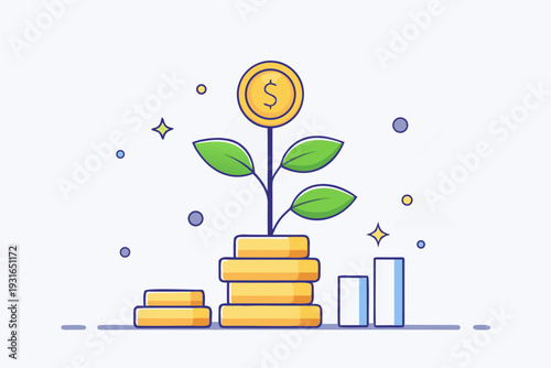 Money plant growing from stacked gold coins symbolizes financial success and profitable investment growth over time.