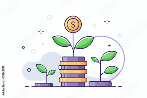 Three stacks of gold coins display varying stages of monetary plant growth with a dollar sign crowning the tallest sprout reaching upward against a light background.