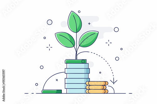Plant sprouts above blue coin stacks showing dashed lines representing money flow and transfer to smaller surrounding stacks.