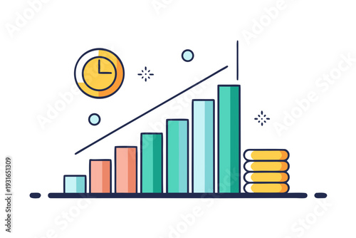 Growing bar graph visually represents rising earnings alongside ascending coin stacks and a prominent clock icon suggesting efficient management of growing capital resources over time.