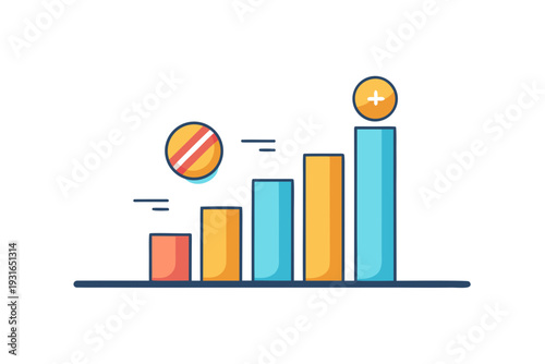 Simple rising bar graph illustrates positive performance metrics showing varied colorful bars, one marked with a forbidden circle and the highest bar marked with a plus sign signifying approval.