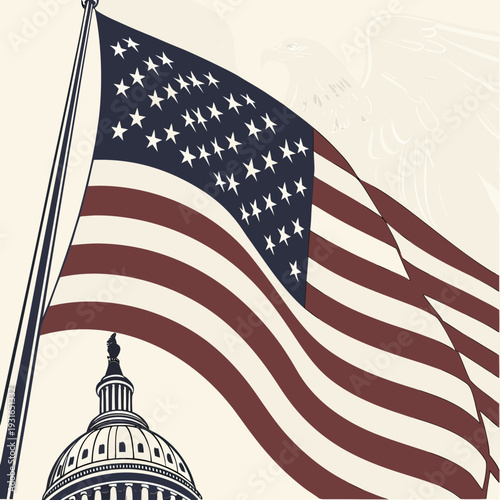 American flag waving proudly above the United States Capitol Building.