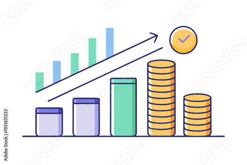 Stylized financial growth chart depicts increasing bar heights with stacked coins indicating upward profitability trending toward a circular clock icon for successful timely investment.