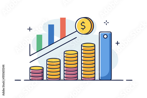 Bar graph displaying fluctuating yet ultimately rising statistical data sits beside stacked gold coins under a circling dollar symbol, representing strong monetary gains.