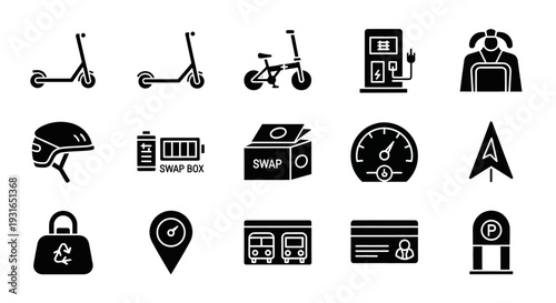 Black silhouette icons of various electric vehicles, urban mobility solutions, and related infrastructure elements like charging stations, battery swap boxes, and navigation tools.