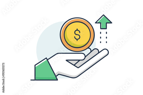 Hand holding a large golden dollar coin upwards toward an arrow indicating immediate monetary gain or successful value increase transaction.