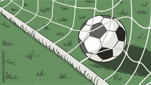 Soccer ball in goal net on green field.