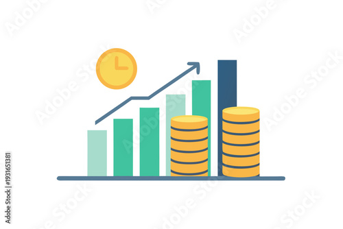 Bar graph illustrating financial advancement shows ascending columns next to stacked coin piles with a small clock icon symbolizing timely returns.