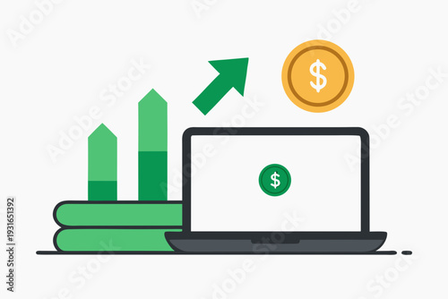 Laptop sits beside tall green bar graphs and a stack of books, symbolizing digital learning results leading to accumulating monetary value represented by a floating coin.