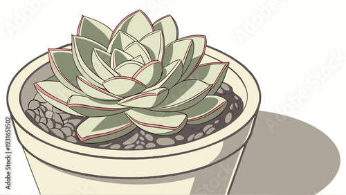 Succulent plant in a white pot with small stones minimalist style.