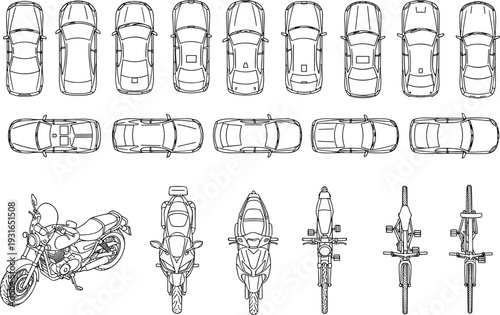 Cars motorcycles and bicycles top view outline set, transport vehicles collection detailed line art vector illustration isolated on white background