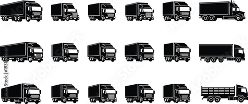Collection of black delivery trucks and cargo lorries silhouettes, commercial transport vehicles icons set isolated on white background for logistics transportation design fleet illustration