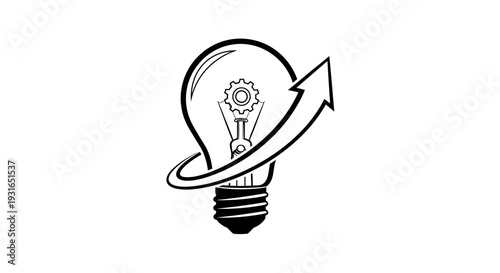 Lightbulb with Gear and Upward Arrow Symbolizing Idea Growth and Innovation, Isolated White Background