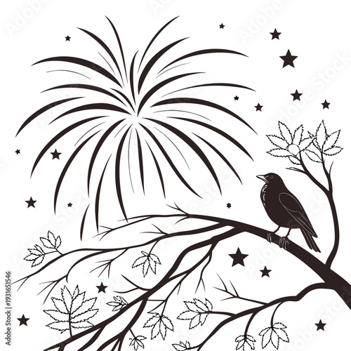 Bird on branch with fireworks and stars black and white illustration.
