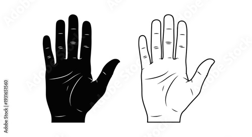 Two Open Hands Icons, One Solid Black and One Outline, Representing Stop or Greeting, Isolated White Background