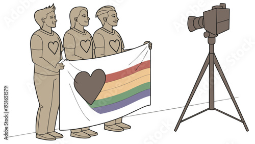 Three people holding a rainbow flag with a heart being filmed by a camera.