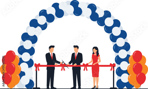 Flat Vector Illustration of a Grand Opening Ceremony Featuring Business Professionals Cutting a Red Ribbon Under a Decorative Balloon Arch for New Business Launch and Corporate Event PR