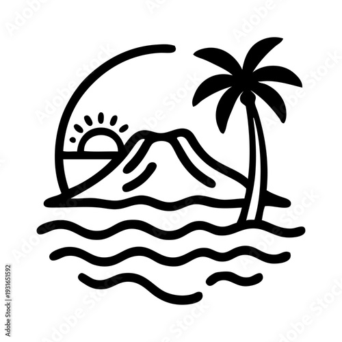 Logo agencia de viajes. Vacaciones de verano. Dibujo sencillo con líneas de un paisaje hawaiano con la palma, sol, olas de mar y un volcán en círculo 