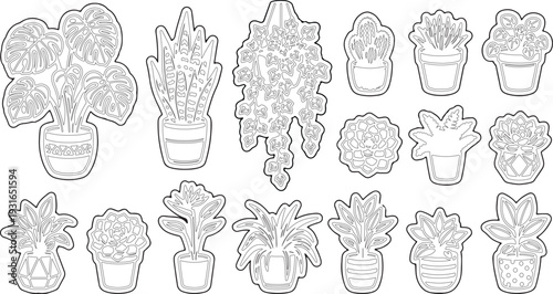Aesthetic gardening and botanical sticker set, hand-drawn plant icons with watering can and flowersstrator Artwork