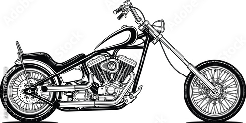 Custom Chopper Bobber Motorcycle Vector Illustration, Black and White Classic Cruiser Bike with Detailed Engine and Long Fork Design