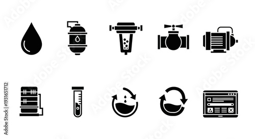 Set of black glyph icons representing water treatment, purification, and industrial processes, including filters, pumps, valves, and recycling symbols.