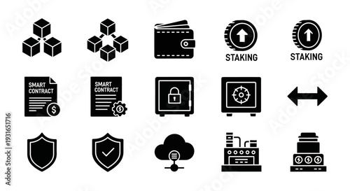 A collection of black silhouette icons representing blockchain, cryptocurrency, smart contracts, security, and data technology concepts.